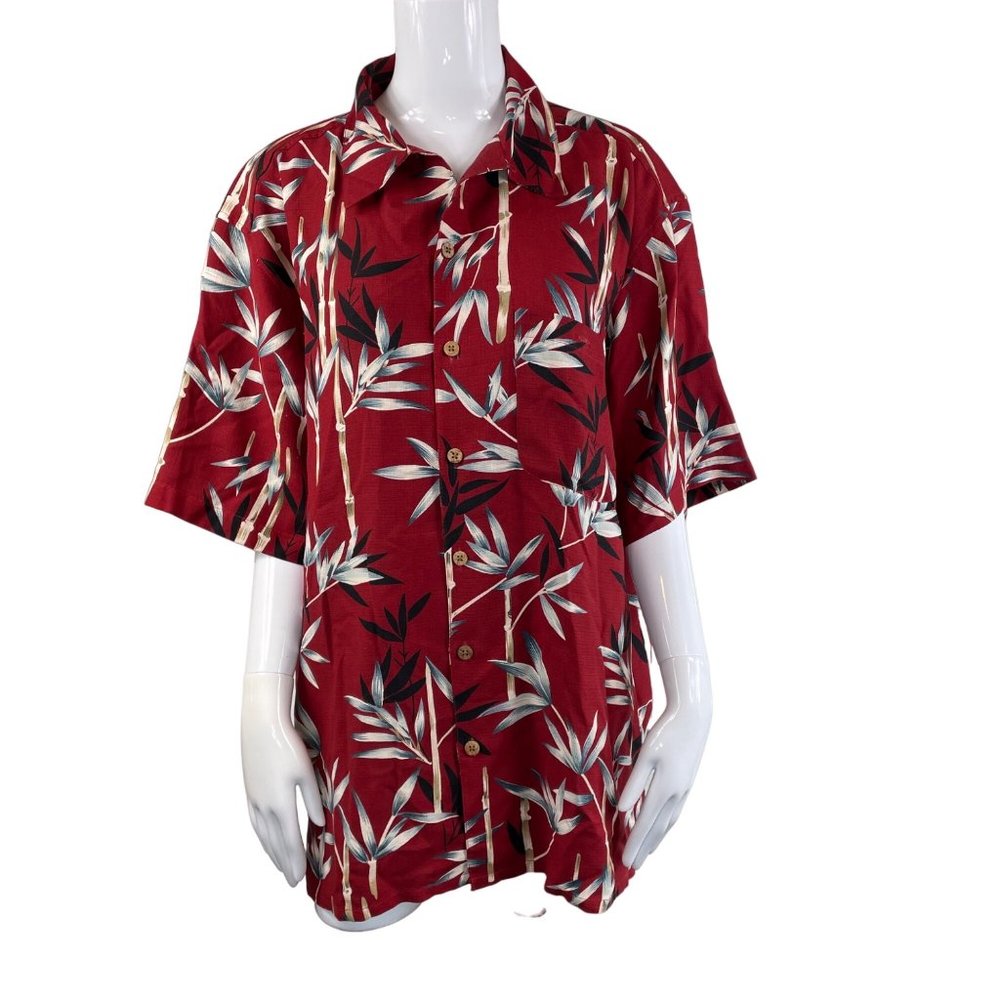 Paradise Cove Deep Red Tropical Floral Silk Bamboo Button Hawaiian Shirt Large